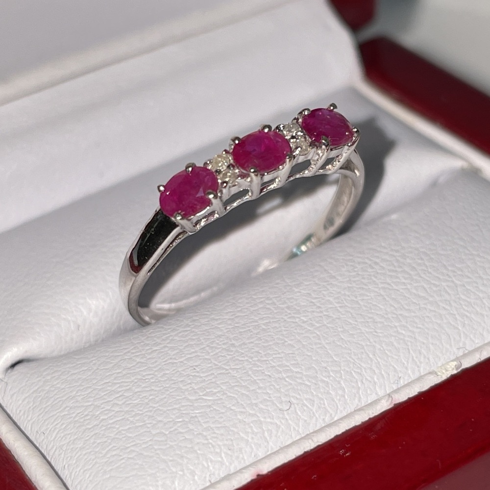 Solid 10K (not 14K ) White Gold Natural Oval Cut Ruby Trio Diamond Band Ring